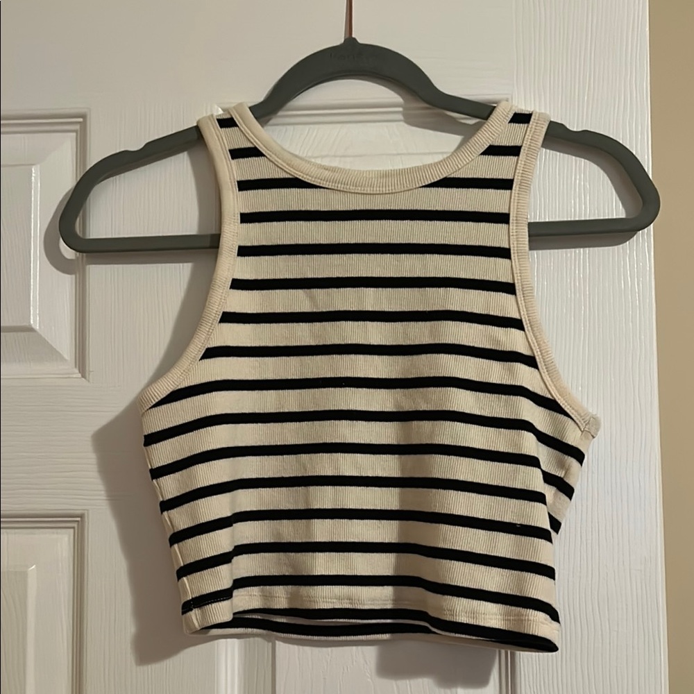 H&M Cream and Black Striped Crop Tank Top